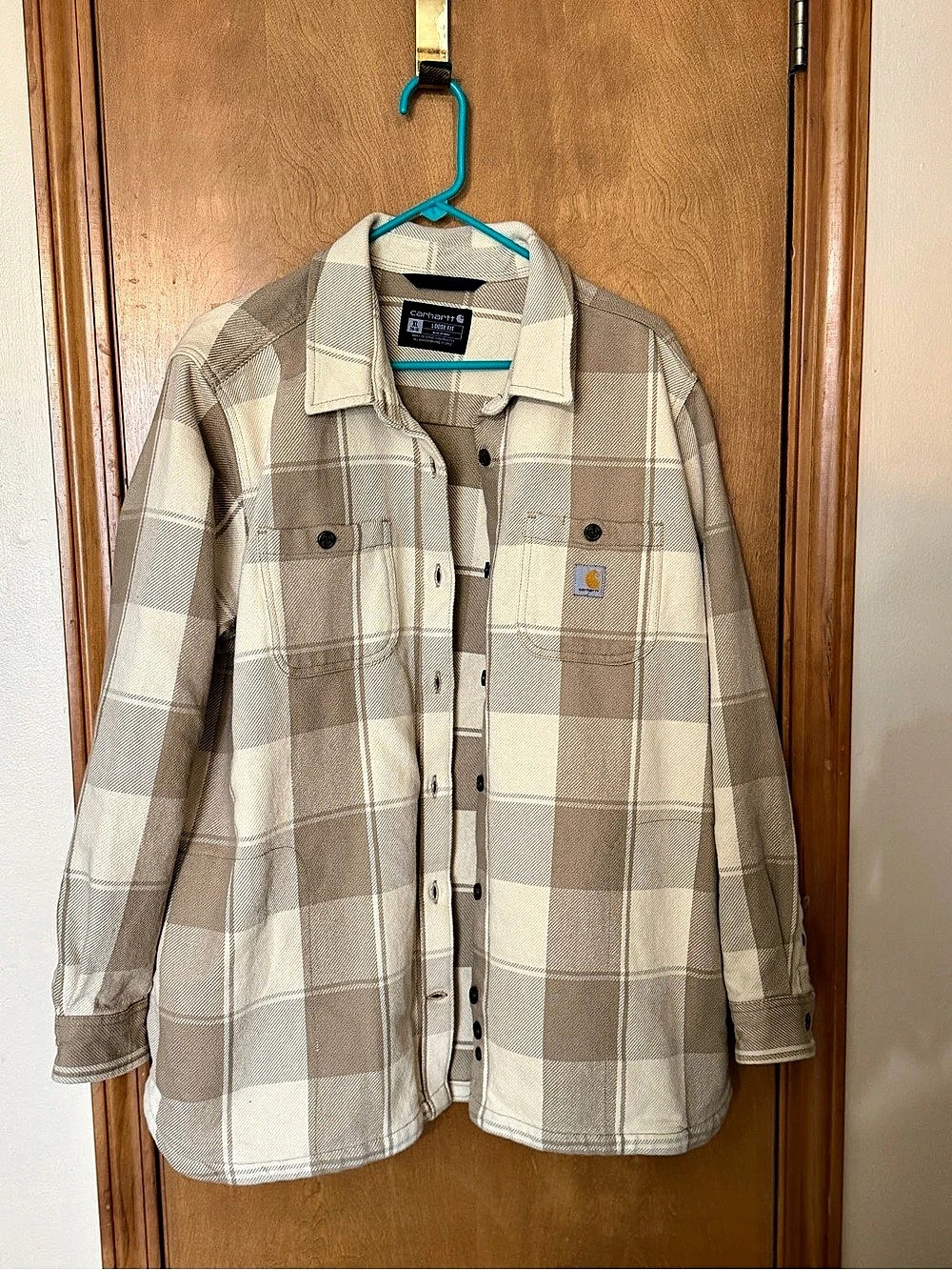 Carhartt Loose Fit Heavyweight Plaid Flannel Shirt Jacket Beige & White XL
